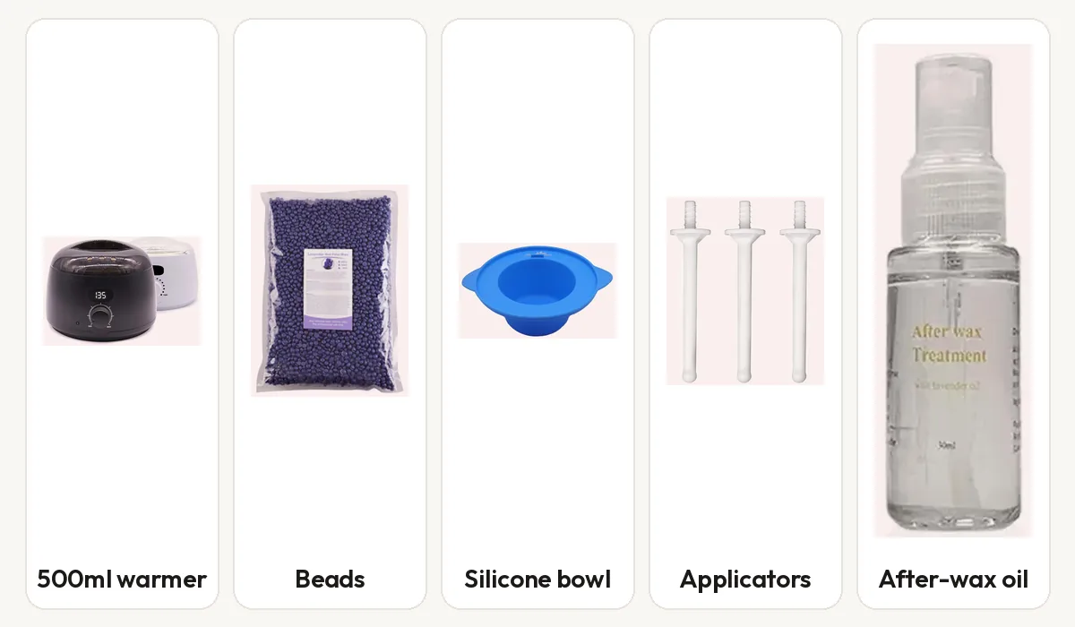 A 500ml wax warmer, a 1000g bag of hard wax beads, a collapsible silicone bowl, applicator sticks and after-wax oil